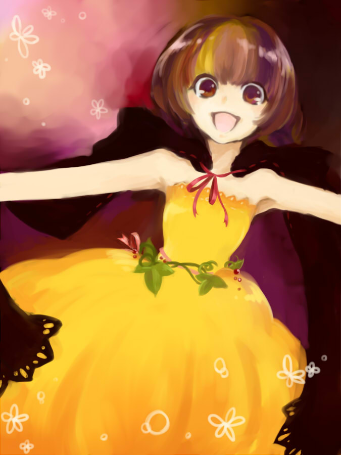 :d brown_eyes brown_hair cape dress eim_(strayseep) flat_chest looking_at_viewer open_mouth original outstretched_arms short_hair smile solo spread_arms strapless strapless_dress