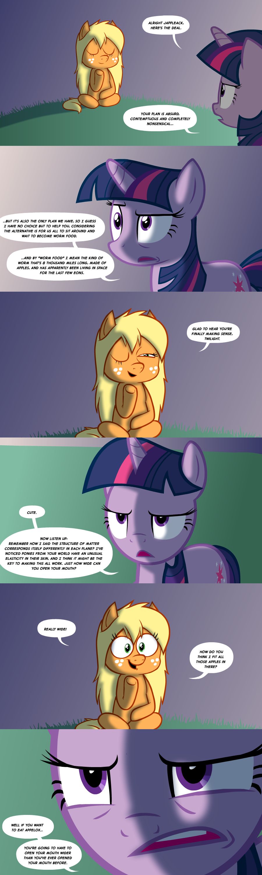 applejack_(mlp) ask_jappleack blonde_hair dialog duo english_text equine eyes_closed female feral freckles friendship_is_magic green_eyes hair horn horse hotdiggedydemon mammal meditation multi-colored_hair my_little_pony pony purple_eyes text tumblr twilight_sparkle_(mlp) two_tone_hair unicorn