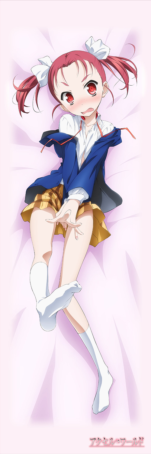 accel_world artist_request blazer blush bow copyright_name covering dakimakura dress_shirt embarrassed fang freckles full_body hair_bow highres jacket kneehighs kouzuki_yuniko long_legs lying no_shoes off_shoulder on_back open_clothes open_jacket open_mouth red_eyes red_hair ribbon school_uniform shirt short_twintails skirt slim_legs socks solo twintails unbuttoned untied wavy_mouth white_legwear