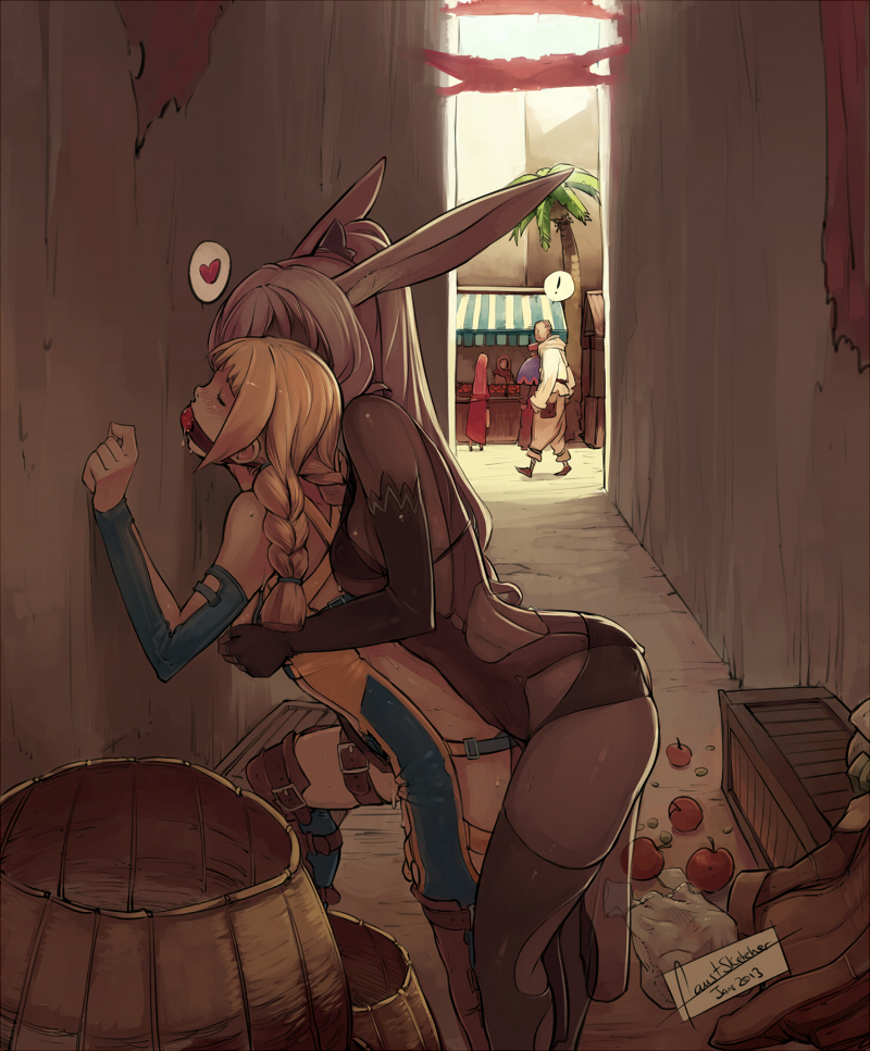 2girls against_wall alley animal_ears apple bag ball_gag bare_shoulders blonde_hair braid breast_grab breast_press breasts bunny_ears closed_eyes couple dark_skin dated detached_sleeves drooling elbow_gloves faustsketcher femdom final_fantasy final_fantasy_xii fingering fingerless_gloves food fran fruit gag gagged gloves grabbing grabbing_from_behind heart long_hair medium_breasts multiple_girls penelo ponytail public reach-around shopping_bag spoken_heart stealth_sex thigh_strap thighhighs twin_braids viera white_hair yuri