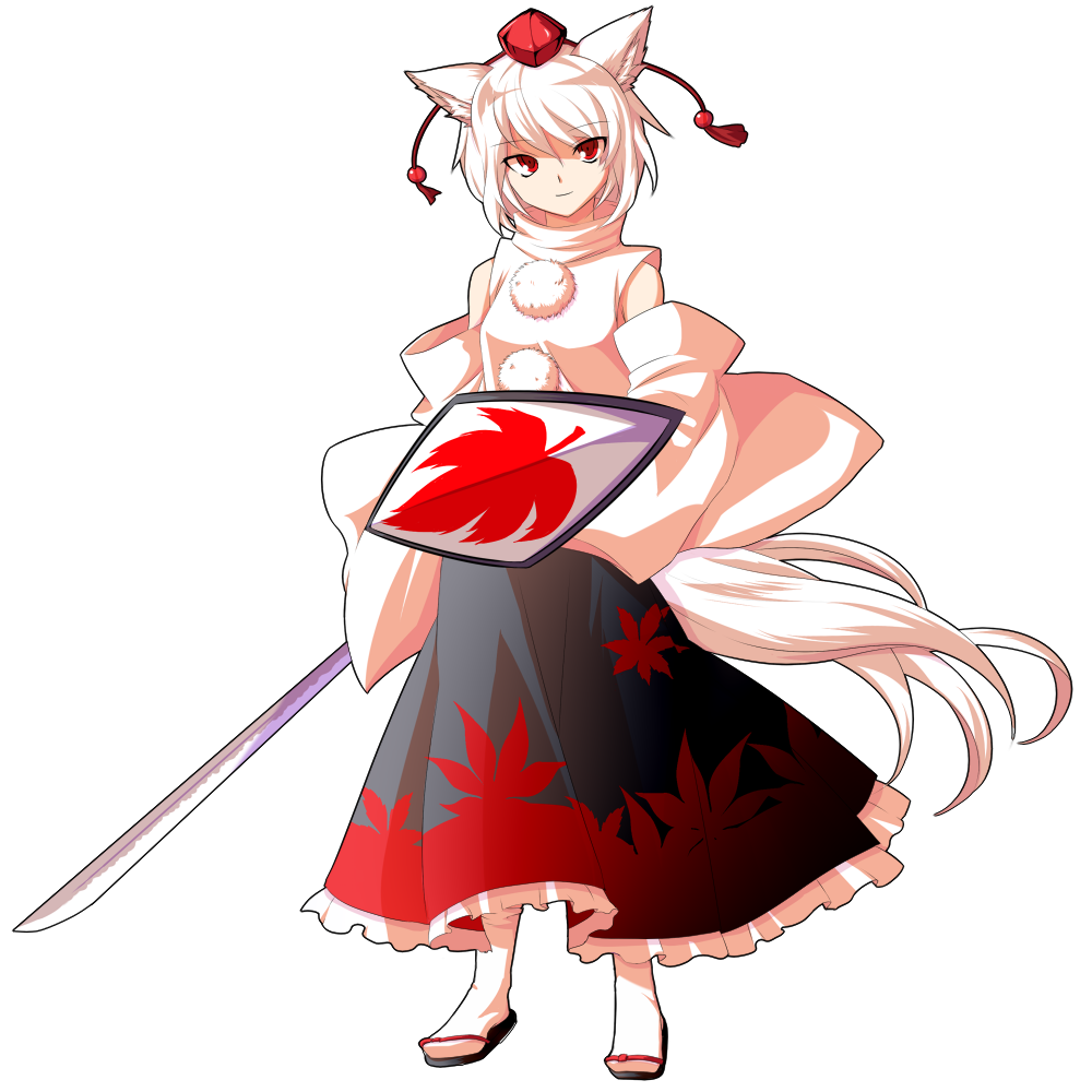 alphes_(style) animal_ears bad_id bad_pixiv_id dairi detached_sleeves frills full_body hat holding inubashiri_momiji leaf long_sleeves looking_at_viewer maple_leaf parody red_eyes shield short_hair skirt slippers smile socks solo standing style_parody sword tail tokin_hat touhou transparent_background weapon white_hair wide_sleeves wolf_ears wolf_tail
