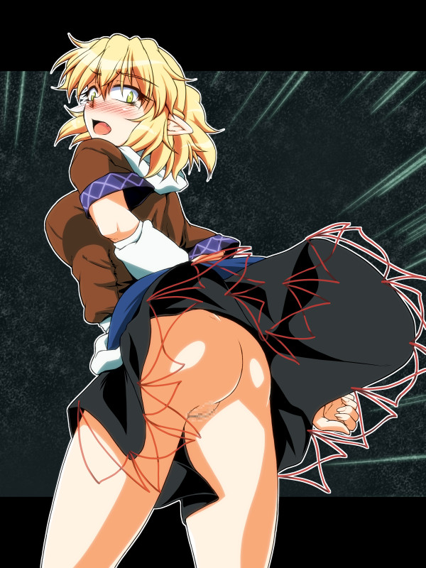 arm_warmers ass bad_id bad_pixiv_id blonde_hair blush censored fang green_eyes letterboxed looking_at_viewer looking_back mizuhashi_parsee no_panties ootsuki_wataru open_mouth pointy_ears pussy shirt shocked_eyes short_sleeves skirt solo touhou upskirt