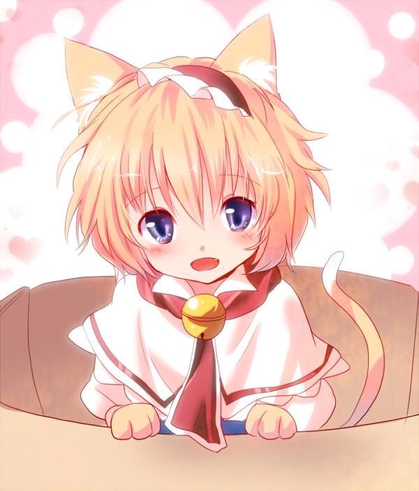 alice_margatroid animal_ears bell blonde_hair blue_eyes blush box capelet cardboard_box cat_ears cat_tail fang hairband in_box in_container jingle_bell kemonomimi_mode open_mouth sen'yuu_yuuji smile solo tail touhou upper_body