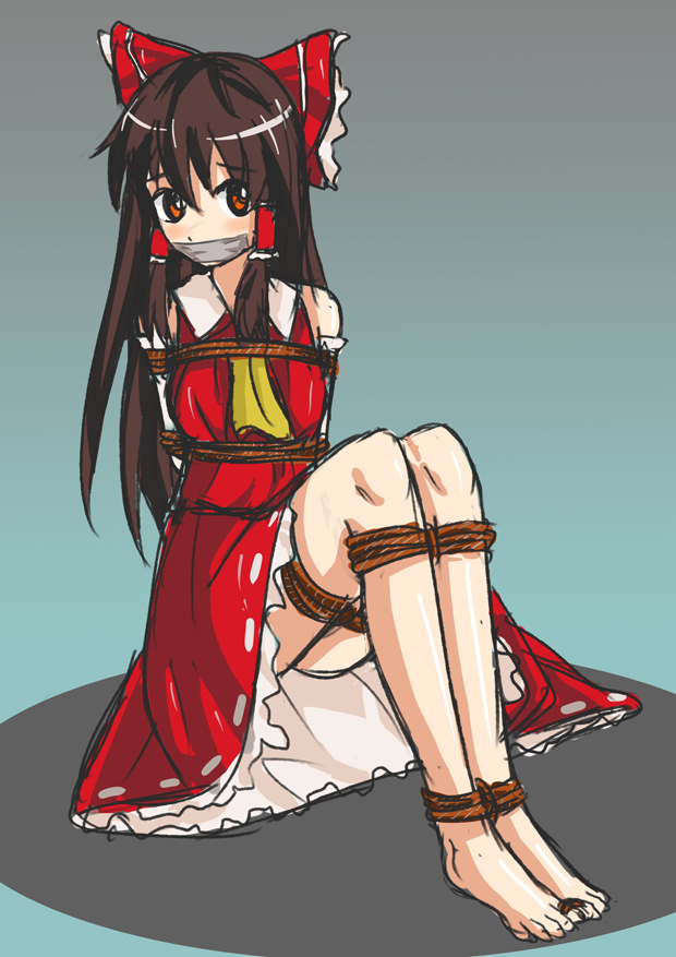 ascot bare_legs bdsm bondage bound bound_ankles bound_arms bound_calves bound_feet bound_legs bound_thighs bound_toes bow brown_eyes brown_hair detached_sleeves dress gag gagged hair_bow hair_tubes hakurei_reimu improvised_gag japanese_clothes jitan777 long_hair miko red_dress rope simple_background sitting solo tape tape_gag toes touhou