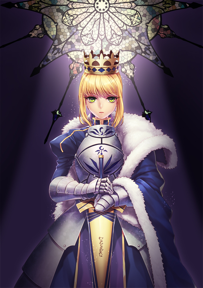 armor armored_dress artoria_pendragon_(all) bad_id bad_pixiv_id blonde_hair blue_cape cape cowboy_shot crown excalibur fate/stay_night fate_(series) faulds gauntlets green_eyes hands_on_hilt saber sheath sheathed short_hair solo stained_glass sword weapon yeruen