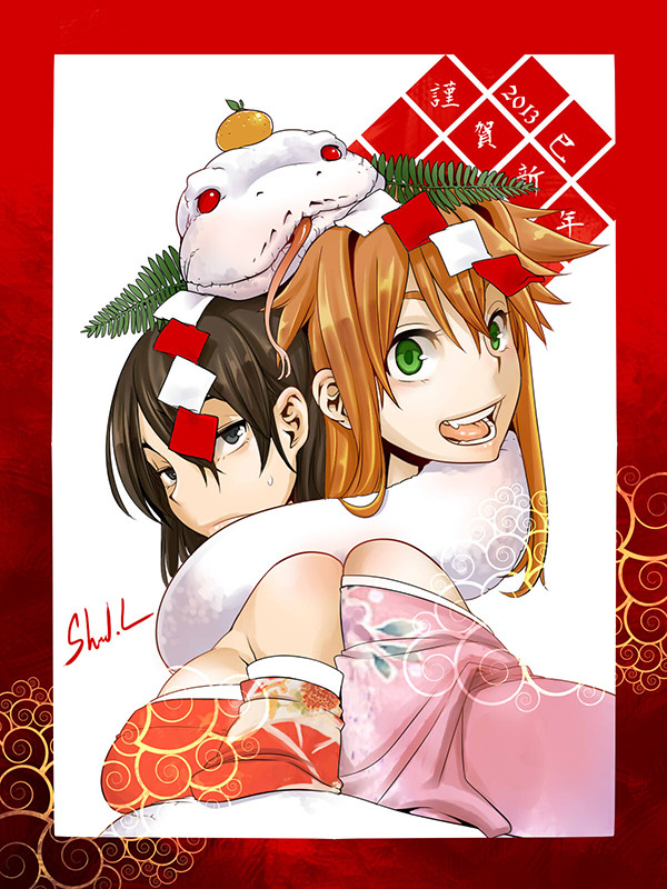 2girls back-to-back bare_shoulders breasts brown_hair detached_sleeves fang food fruit green_eyes huge_breasts japanese_clothes kimono large_breasts light_brown_hair long_hair mandarin_orange multiple_girls object_on_head original shindou_l short_hair signature snake white_snake