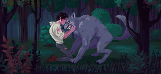 brown_hair canine clothing forest hair human kneeling male mammal night nude scratches torn_clothing tree vi_pham were werewolf wild