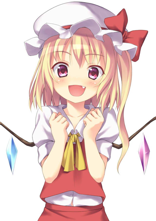 :d bad_id bad_pixiv_id blonde_hair blush fang flandre_scarlet hat hat_ribbon kinta_(distortion) one_side_up open_mouth puffy_sleeves red_eyes ribbon skirt skirt_set smile solo touhou wings