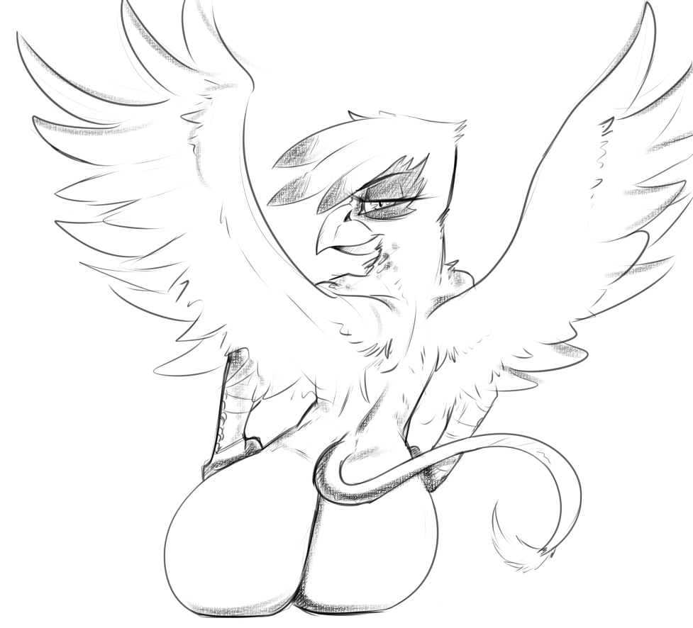 anthro anthrofied avian beak big_butt black_and_white butt duplicitousmachine feathered_wings feathers female friendship_is_magic gilda_(mlp) gryphon looking_at_viewer monochrome my_little_pony nude solo wings