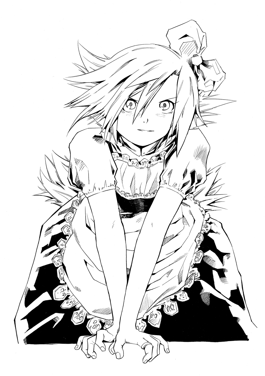 :| angry apron bow closed_mouth dress greyscale hair_between_eyes hair_bow highres jewelry lace long_hair madeleine_rosca messy_hair monochrome original puffy_short_sleeves puffy_sleeves ring short_sleeves solo v-shaped_eyebrows