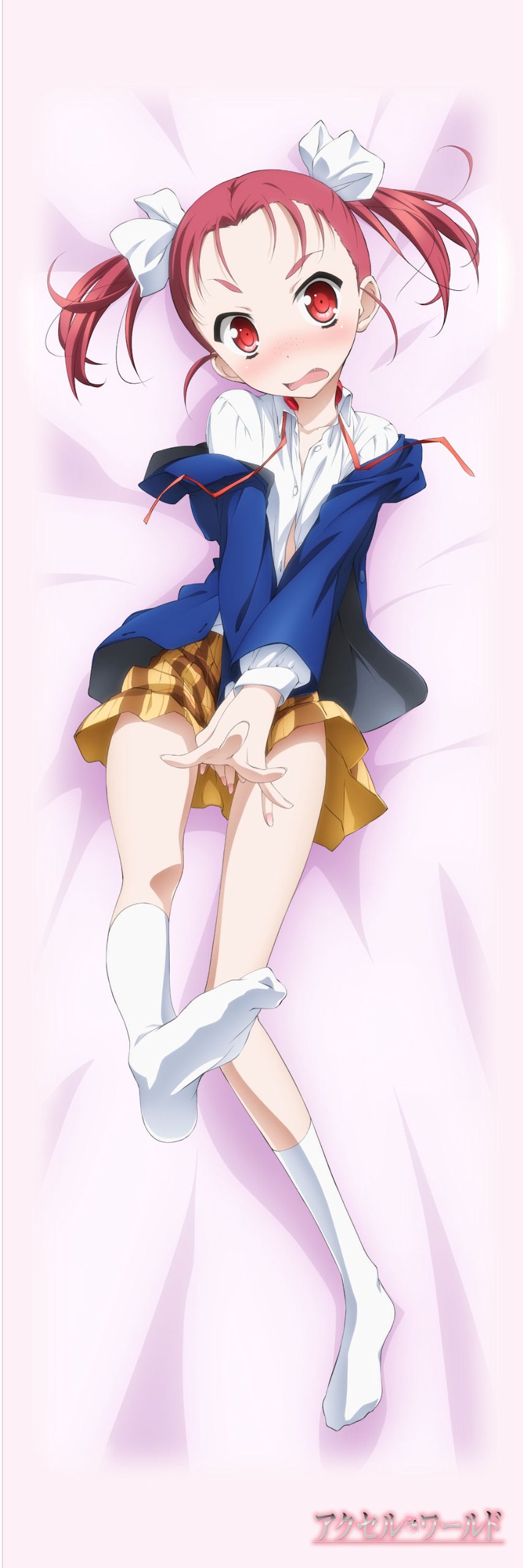 absurdres accel_world artist_request bed_sheet blazer blush bow copyright_name covering dakimakura dress_shirt embarrassed fang freckles full_body hair_bow highres jacket jpeg_artifacts kneehighs kouzuki_yuniko long_legs lying no_shoes off_shoulder on_back open_clothes open_jacket open_mouth red_eyes red_hair ribbon school_uniform shirt short_twintails skirt slim_legs socks solo twintails unbuttoned untied wavy_mouth white_legwear