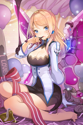 balloon bangs barefoot blonde_hair blue_hair blush bow breasts chocolate choker cleavage cocorip corset cupcake earrings food gloves grin jacket jewelry large_breasts licking long_hair lowres open_mouth ribbon rose_pacifica single_glove sitting skirt smile solo striped swept_bangs sword_girls wariza wings