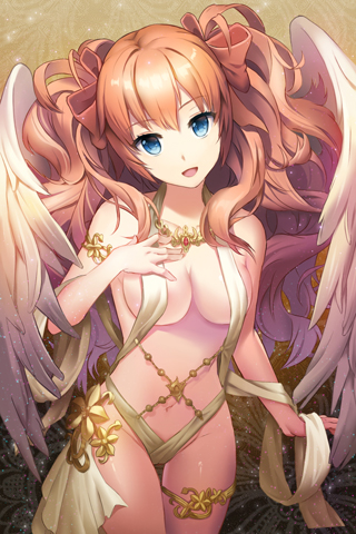 angel_wings bare_shoulders blue_eyes bow breasts cleavage collarbone grin hair_bow hair_ribbon isfeldt j-p long_hair lowres medium_breasts midriff naked_ribbon navel open_mouth orange_hair outstretched_hand ribbon smile solo sword_girls very_long_hair wavy_hair wings