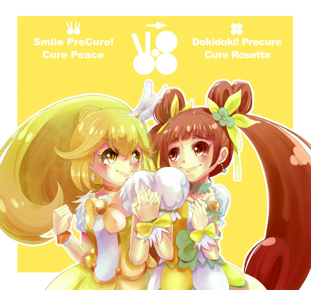 blonde_hair bow brown_eyes brown_hair character_name choker color_connection cure_peace cure_rosetta dokidoki!_precure double_bun eyelashes flower green_choker hair_flaps hair_flower hair_ornament hashibuto holding_hands kise_yayoi long_hair magical_girl multiple_girls ponytail precure puffy_short_sleeves puffy_sleeves ribbon short_sleeves shoulder-to-shoulder skirt smile smile_precure! tiara twintails v wrist_cuffs yellow yellow_background yellow_bow yellow_eyes yellow_skirt yotsuba_alice