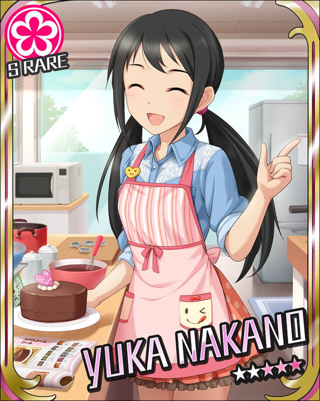 ;q apron black_hair book cake card_(medium) character_name chocolate chocolate_cake chocolate_making closed_eyes cookbook cooking dish flower_(symbol) food idolmaster idolmaster_cinderella_girls index_finger_raised indoors jpeg_artifacts kitchen long_hair low_twintails mixing_bowl nakano_yuka official_art one_eye_closed open_book oven refrigerator shirt sleeves_rolled_up smile solo tongue tongue_out twintails valentine whisk window
