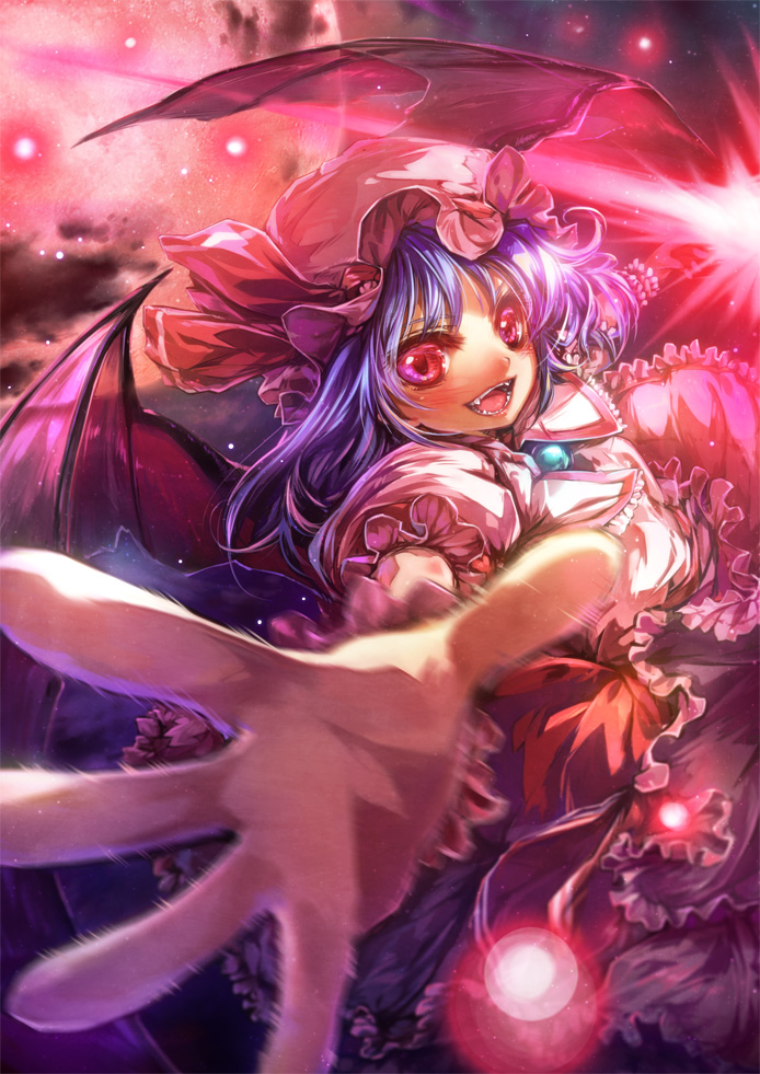 bat_wings fangs foreshortening hat light_particles misaki_(kyal_001) moon motion_blur open_mouth outstretched_arms purple_hair red_eyes red_moon remilia_scarlet sharp_teeth short_hair solo spear_the_gungnir teeth touhou wings wrist_cuffs