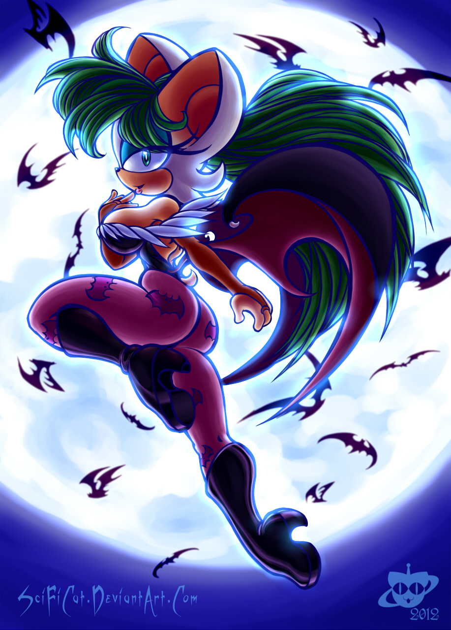 bat big_breasts black_nose boots breasts butt cleavage clothed clothing cosplay darkstalkers elbow_gloves female fingerless_gloves flying gloves green_eyes green_hair hair heels high_heeled_boots high_heels legwear long_hair makeup mammal moon morrigan_aensland rouge_the_bat scificat sega side_boob skimpy solo sonic_(series) thigh_high_boots thigh_thighs thighs tight_clothing tights video_games white_hair wings