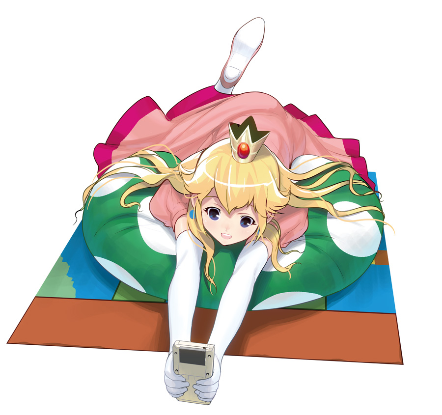 blonde_hair blue_eyes crown dress elbow_gloves game_boy gloves handheld_game_console holding long_hair lying mario_(series) masao on_stomach open_mouth pillow pink_dress princess_peach simple_background solo super_mario_bros. white_background