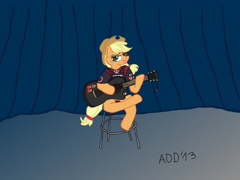 aj alphadogdeluxe applejack_(mlp) blonde_hair cowboy_hat cutie cutie_mark equine eyes female feral freckles friendship friendship_is_magic green_eyes guitar hair hat horse is jersey little mammal mark musical_instrument my_little_pony partially_clothed pony solo
