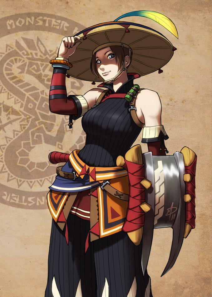 bare_shoulders blue_eyes breasts brown_hair chin_strap daniel_macgregor detached_sleeves hakama hat_feather japanese_clothes large_breasts monster_hunter monster_hunter_portable_3rd ribbed_sweater sheath sheathed shield short_hair sleeveless sleeveless_turtleneck smile solo sweater sword turtleneck weapon yukumo_(armor)