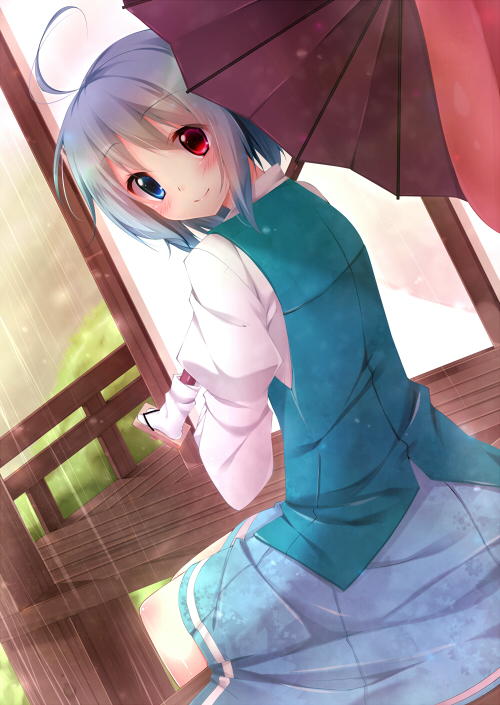 ahoge alza blue_eyes blue_hair blush heterochromia karakasa_obake long_sleeves long_tongue looking_at_viewer rain red_eyes short_hair sitting skirt smile solo tatara_kogasa tongue touhou umbrella