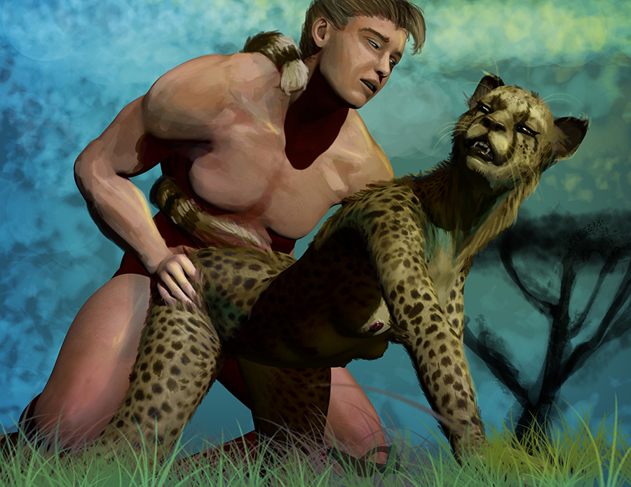 anthro black_nose breasts cheetah doggy_position doggystyle duo fangs feline female from_behind grass hattonslayden human human_on_anthro interspecies male mammal multi_breast nipples nude penetration prehensile_tail sex straight tail_wrap tree whiskers