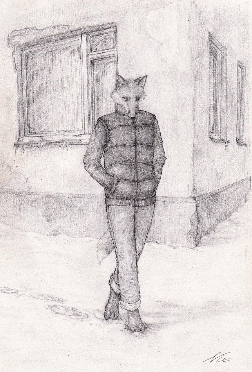 anthro black_and_white canine clothed clothing footprints fox house ice jacket jeans long_sleeves looking_down male mammal monochrome nixdafox outside pants pencil sad snow solo traditional_media walking window winter
