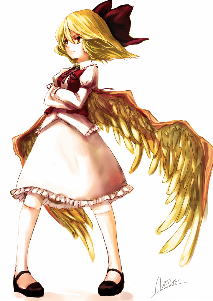 blonde_hair bow crossed_arms dress gengetsu hair_bow kuronuko_neero pigeon-toed red_bow smile solo touhou touhou_(pc-98) wings yellow_eyes