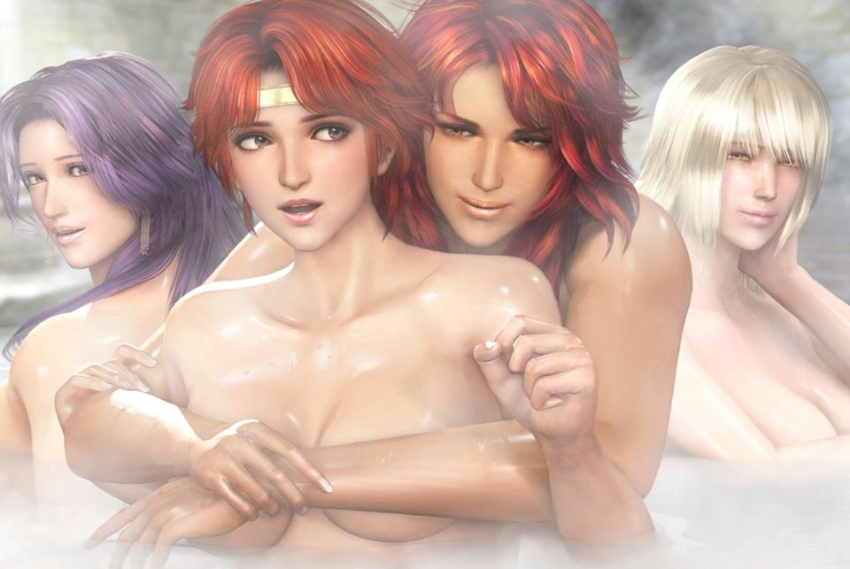 4girls airy bathing blonde_hair breasts brown_hair hokuto_musou hokuto_no_ken lynn mamiya multiple_girls nude official_art purple_hair red_hair shin_hokuto_musou yuria yuria_(hokuto_no_ken)