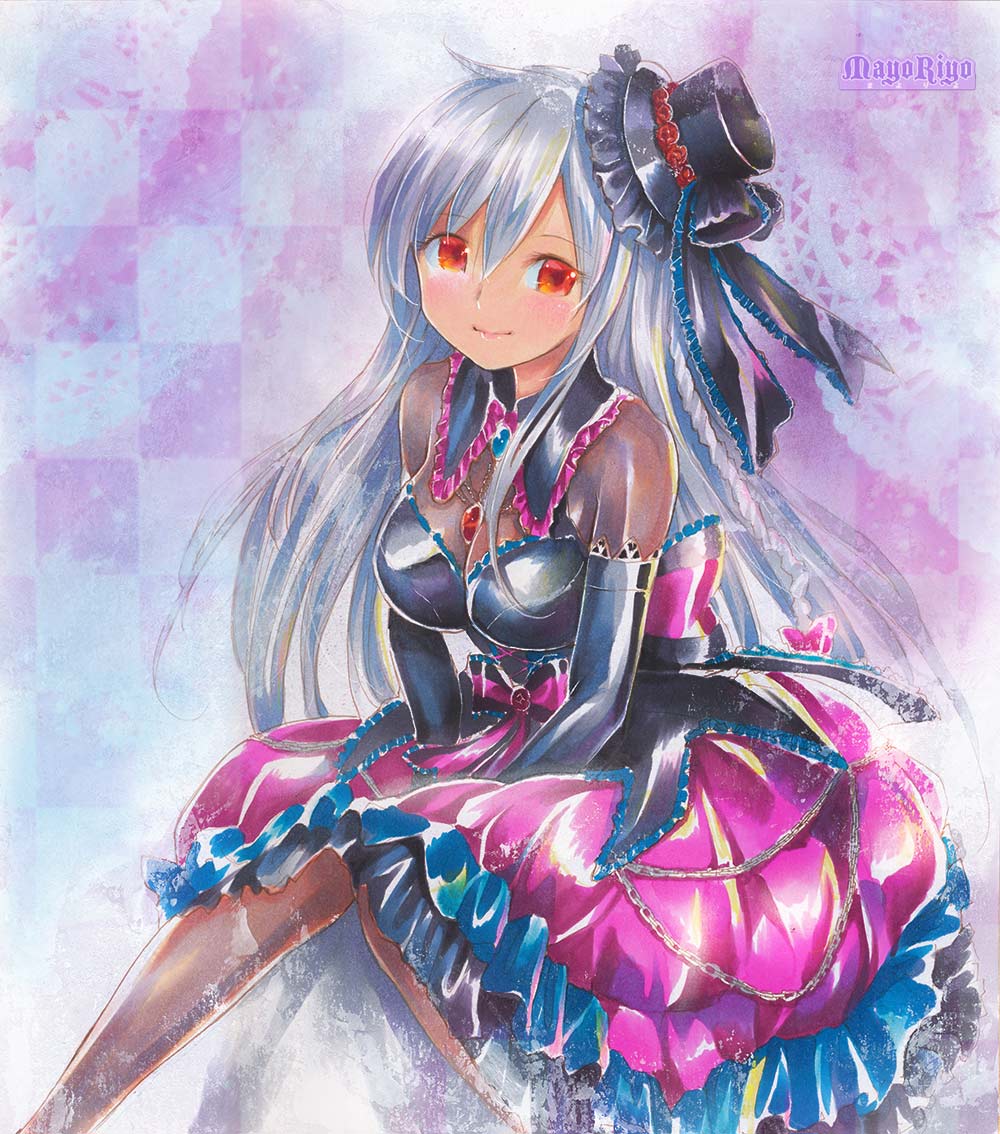 artist_name breasts brooch cleavage dress elbow_gloves gloves gothic_purple_(module) hat jewelry long_hair mayo_riyo medium_breasts mini_hat mini_top_hat necklace pantyhose project_diva_(series) project_diva_extend red_eyes silver_hair smile top_hat very_long_hair vocaloid voyakiloid yowane_haku