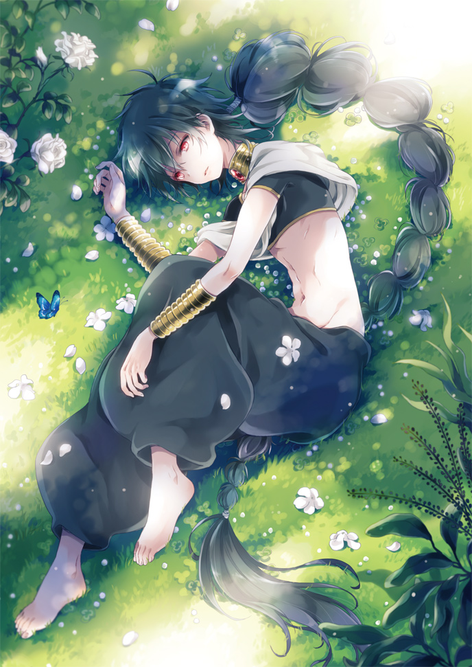 bad_id bad_pixiv_id barefoot black_hair braid bug butterfly clover flower full_body grass insect jewelry judal konayama_kata long_hair lying magi_the_labyrinth_of_magic male_focus midriff neck_ring on_side red_eyes rose solo sunlight very_long_hair white_flower white_rose