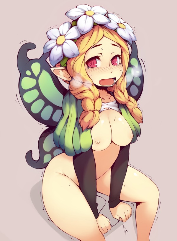 alternate_breast_size blonde_hair blush bottomless braid breasts butterfly_wings fairy flower hair_flower hair_ornament hairband large_breasts long_hair looking_away mercedes nipples odin_sphere pointy_ears puff_and_slash_sleeves puffy_sleeves red_eyes remote_control_vibrator simple_background solo tears trembling twin_braids v_arms vibrator wings zako_(arvinry)