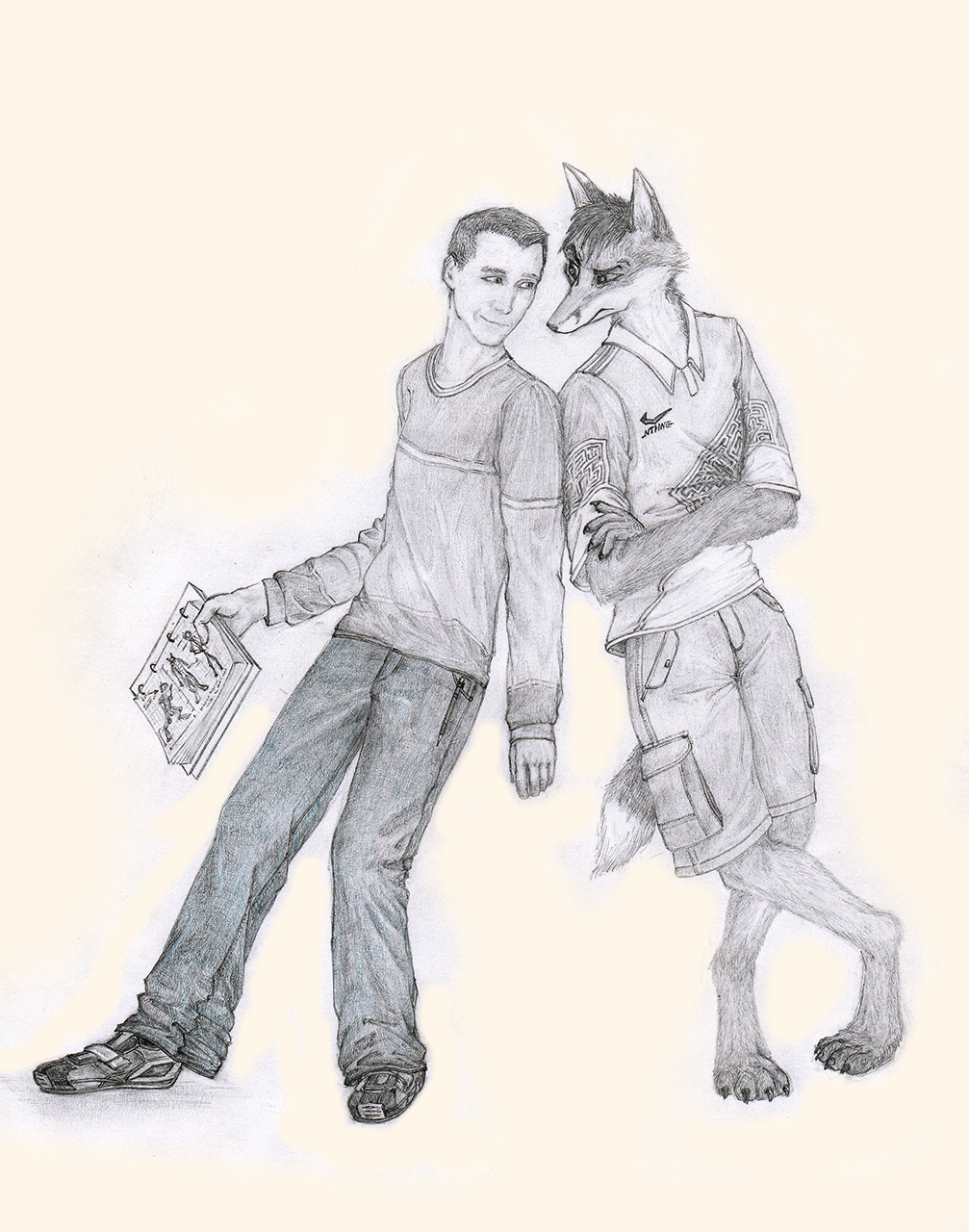 artist autoportrait black_and_white canine claws clothed clothing crossed_arms duo eye_contact fox hair human jeans jersey leaning long_sleeves male mammal monochrome nixdafox pants pencil plain_background shirt shoes short_hair shorts skeptical sketchbook smile standing traditional_media white_background