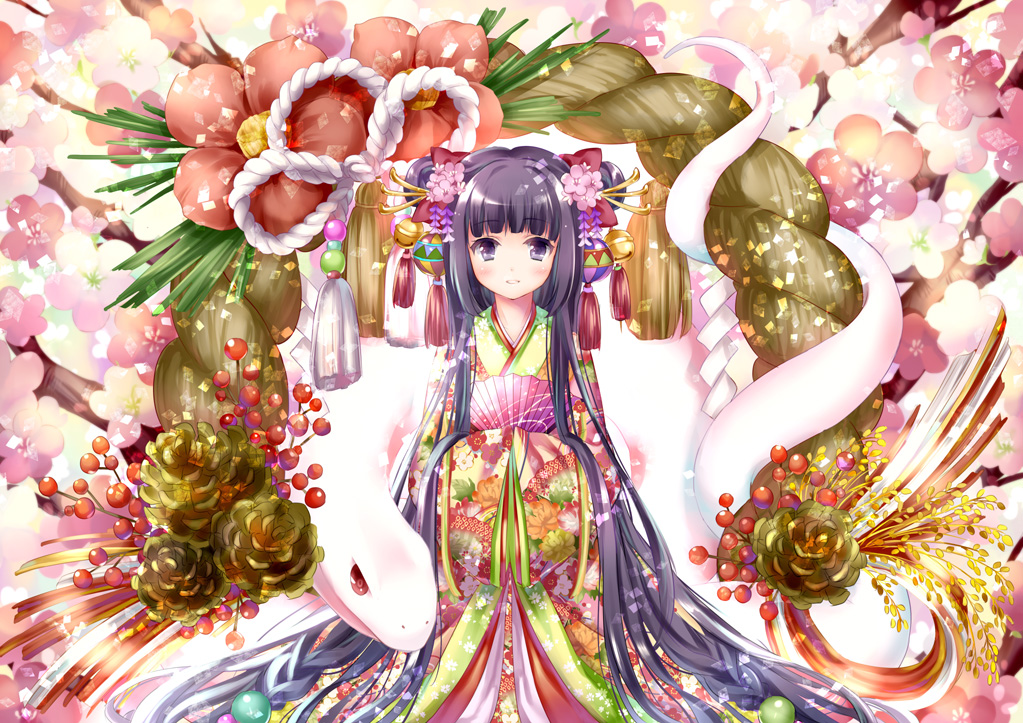 bad_id bad_pixiv_id bell blush branch cherry_blossoms flower hair_ornament japanese_clothes jewelry kimono original purple_eyes purple_hair red_eyes rope shimenawa smile snake wataame27