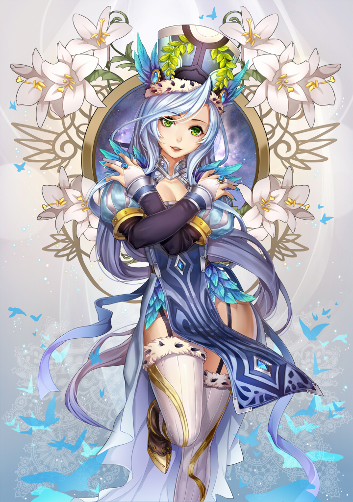blue_hair breasts crossed_arms dress feathers flower green_eyes hair_ornament hat j.lili long_hair looking_at_viewer medium_breasts open_mouth original smile solo