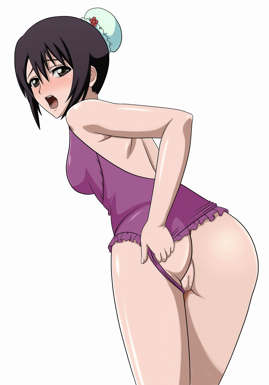 1girl black_hair bleach censored hair_bun highres hinamori_momo kh-fullhouse looking_at_viewer open_mouth pussy simple_background solo swimsuit white_background