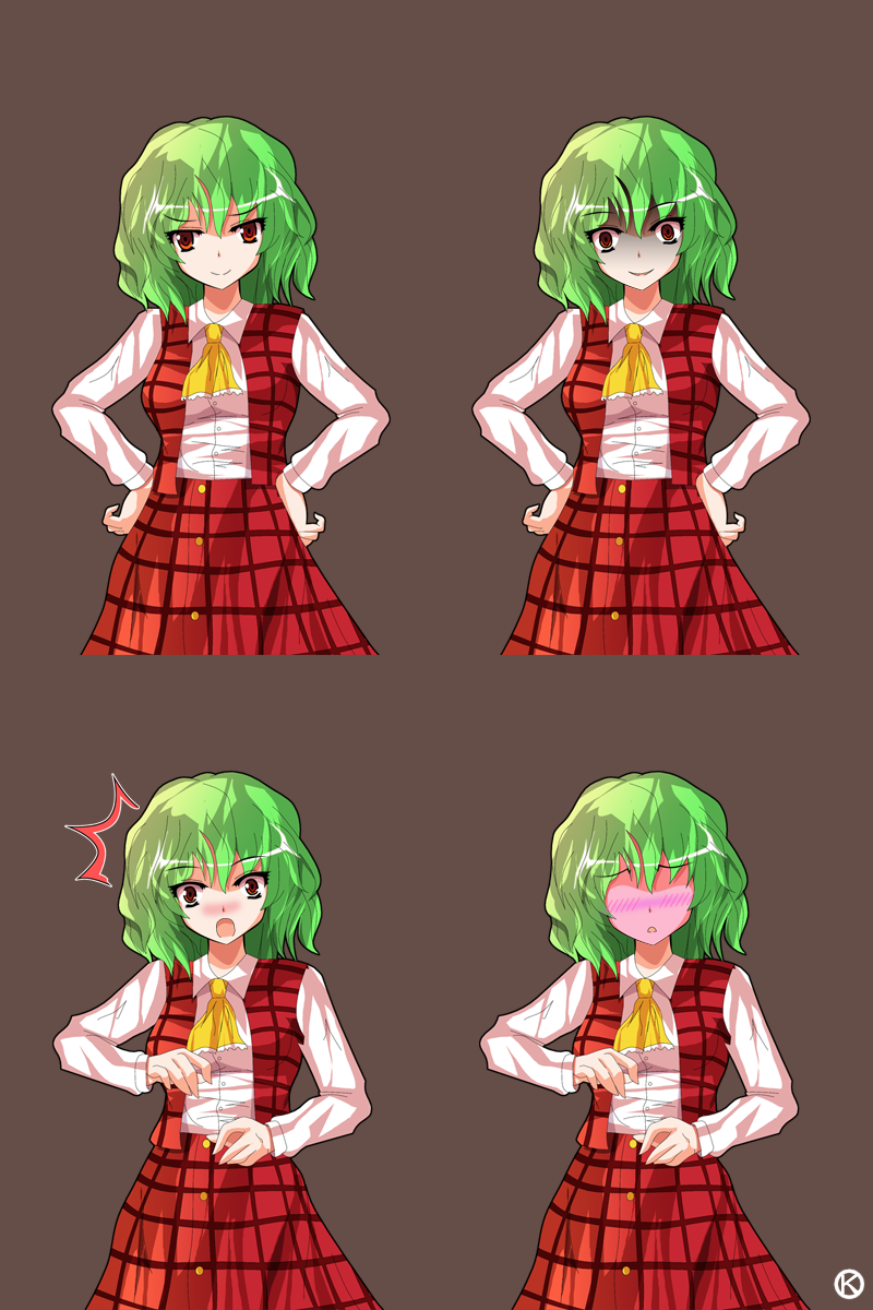 1girl alphes_(style) ascot blush breasts dress_shirt embarrassed empty_eyes green_hair hands_on_hips highres kaoru_(gensou_yuugen-an) kazami_yuuka long_sleeves looking_at_viewer medium_breasts no_eyes open_mouth parody plaid plaid_skirt red_eyes shirt short_hair skirt smile solo style_parody touhou vest yandere