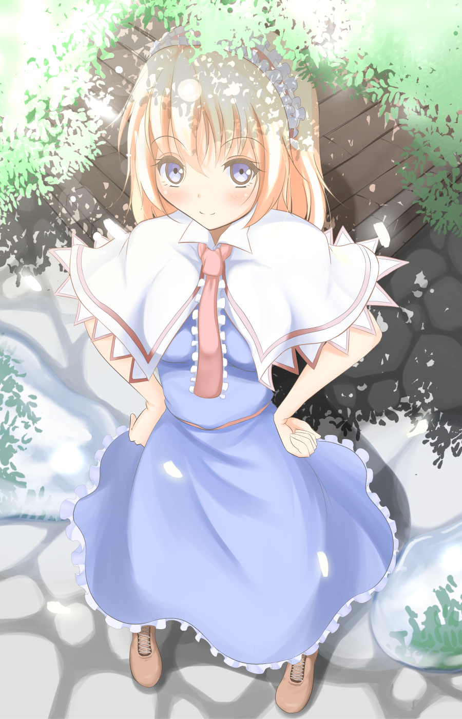 alice_margatroid bad_id bad_pixiv_id blonde_hair blue_dress blue_eyes blush boots breasts capelet cross-laced_footwear dress from_above hands_on_hips headband highres leaf looking_at_viewer looking_up medium_breasts path ribbon road sash shade sharin_(shanaemon) short_hair smile solo touhou water wooden_floor