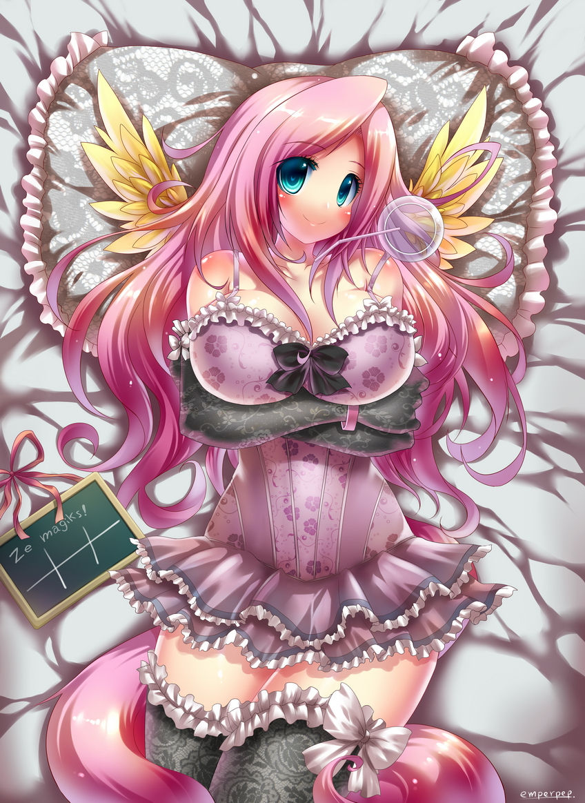 bed big_breasts blue_eyes blush breasts cleavage clothed clothing dress elbow_gloves emperpep feathers female fluttershy_(mlp) friendship_is_magic gloves hair human humanized legwear long_hair looking_at_viewer lying mammal my_little_pony not_furry on_back pillow pink_hair smile solo stockings thighs wings yellow_feathers