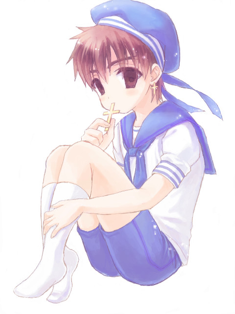 @co bad_id bad_pixiv_id brown_eyes brown_hair child cross cross_earrings cross_necklace earrings fate/zero fate_(series) hat hat_ribbon jewelry kotomine_kirei male_focus necklace ribbon sailor_collar shorts sitting solo wariza younger