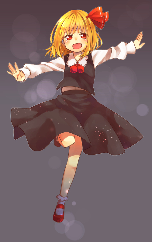 :d ascot bad_id bad_pixiv_id blonde_hair blurry blush bokeh chikamichi_(ssssgirl) depth_of_field fang hair_ribbon open_mouth outstretched_arms red_eyes ribbon rumia shirt short_hair skirt skirt_set smile solo spread_arms touhou