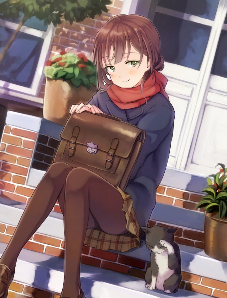 animal bag black_legwear blush brown_hair cat coat dutch_angle green_eyes loafers mole mole_under_eye original pantyhose plaid plaid_skirt plant pleated_skirt potted_plant scarf school_bag school_briefcase shadow shoes sitting sitting_on_stairs skirt smile solo stairs takeuchi_aya tree