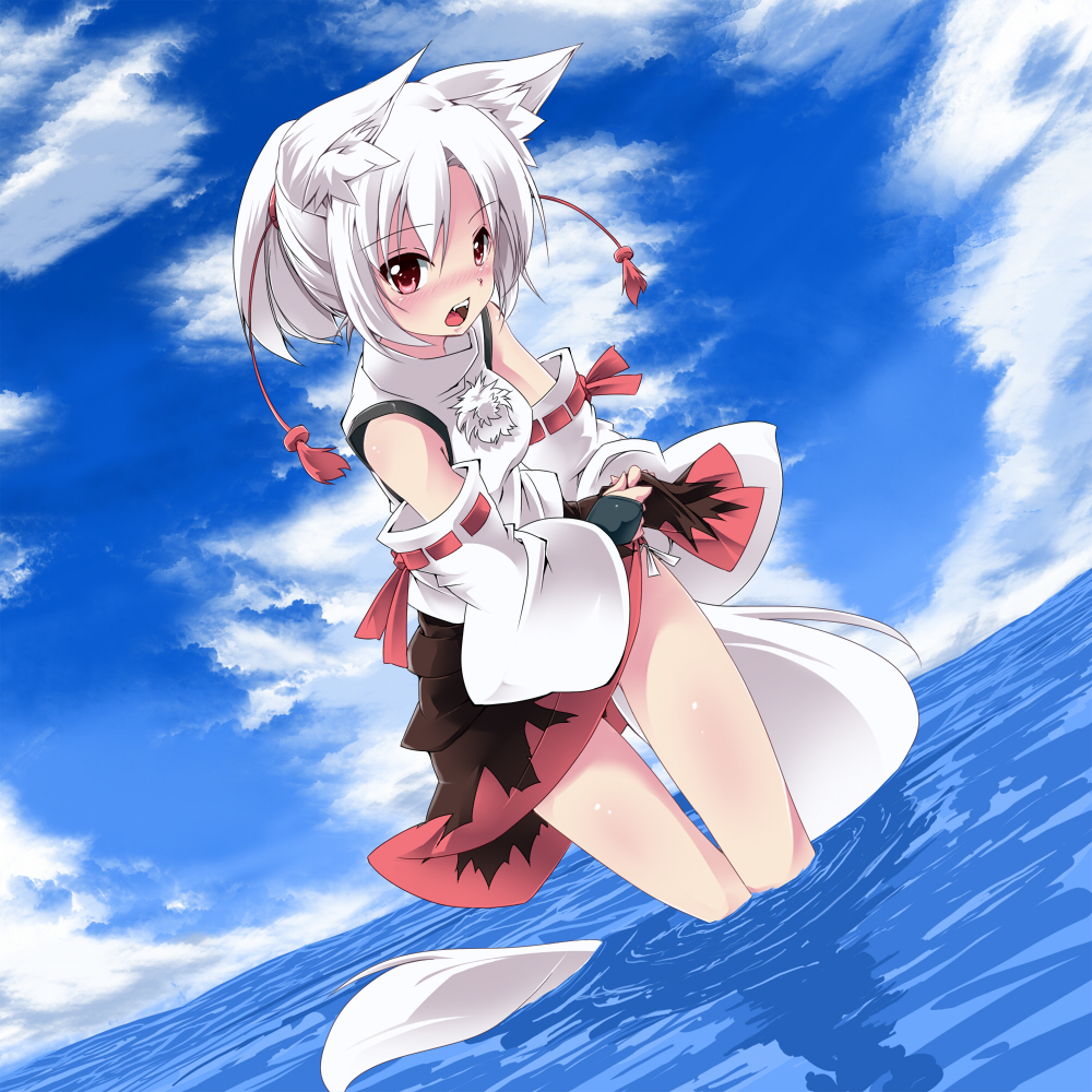 alternate_hairstyle animal_ears bare_shoulders cloud cloudy_sky day detached_sleeves dutch_angle inubashiri_momiji leaning_forward no_hat no_headwear noa_(nagareboshi) open_mouth panties ponytail short_hair side-tie_panties skirt skirt_lift sky solo standing tail touhou underwear wading water wolf_ears wolf_tail