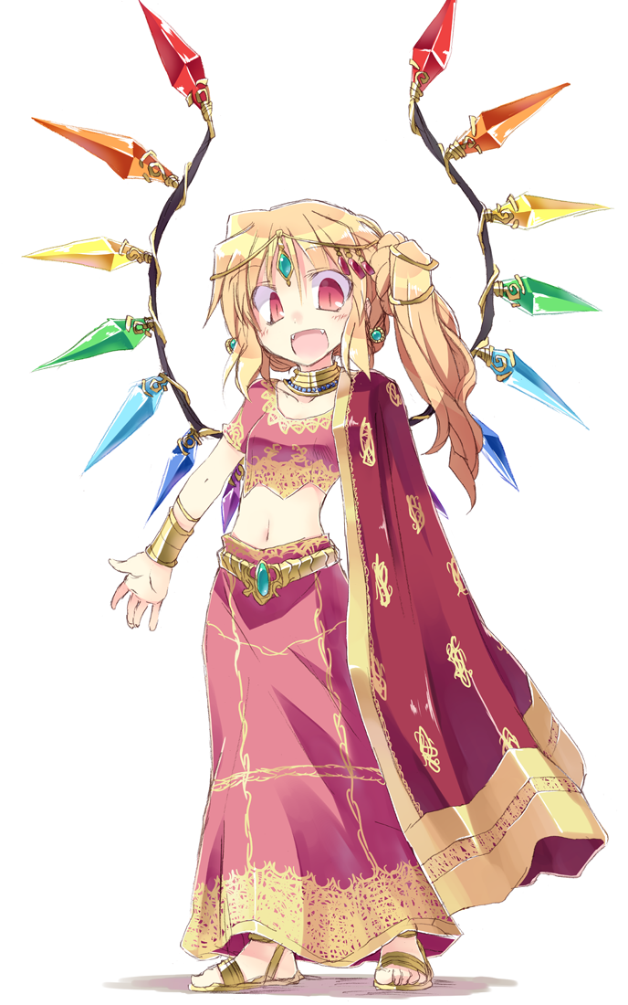 :d alternate_costume blonde_hair blush bracelet bracer earrings fangs flandre_scarlet jewelry long_hair looking_at_viewer navel open_mouth red_eyes sandals satou_kibi side_ponytail simple_background slit_pupils smile solo touhou white_background wings