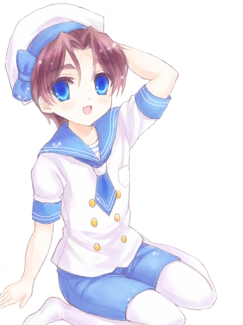 @co bad_id bad_pixiv_id blue_eyes brown_hair child fate/zero fate_(series) hat hat_ribbon male_focus ribbon sailor_collar shorts sitting solo toosaka_tokiomi wariza younger