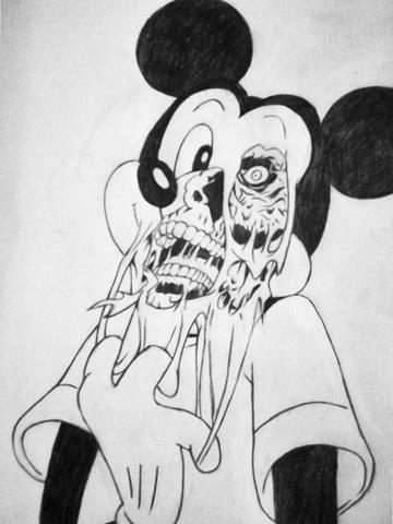 black_skin bone clothing creepy creepypasta disfigured disney glove happy looking_at_viewer looking_away male mammal mickey_mouse mouse nightmare_fuel open_mouth plain_background pulling raised_arm rodent round_ears shirt skull smile standing teeth tongue torn_skin undead unknown_artist white_background zombie