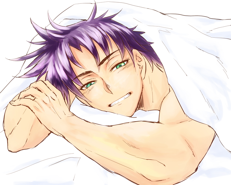 bad_id bad_pixiv_id bed blanket green_eyes grin jojo_no_kimyou_na_bouken joseph_joestar_(young) looking_at_viewer male_focus muscle pov purple_hair reality0runaway smile solo