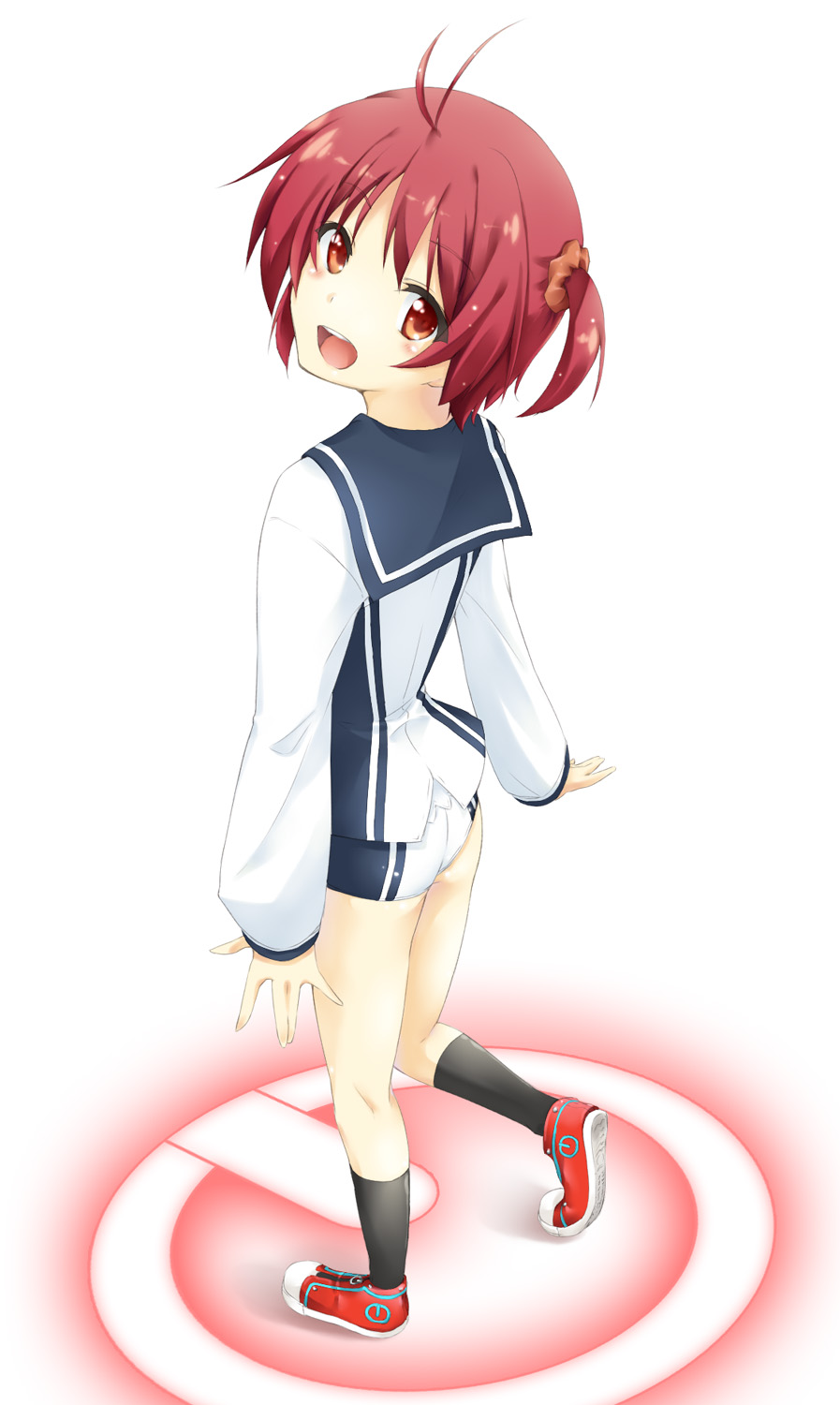 :d ass blush highres indigorabbit isshiki_akane looking_back national_shin_ooshima_school_uniform open_mouth power_symbol red_eyes red_hair school_uniform scrunchie short_twintails shorts smile socks solo twintails vividred_operation