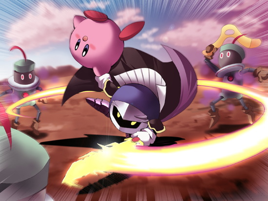 armor artist_request attack battle boomerang cape galaxia_(sword) gloves kirby kirby_(series) mask meta_knight no_humans primid super_smash_bros. sword weapon yellow_eyes