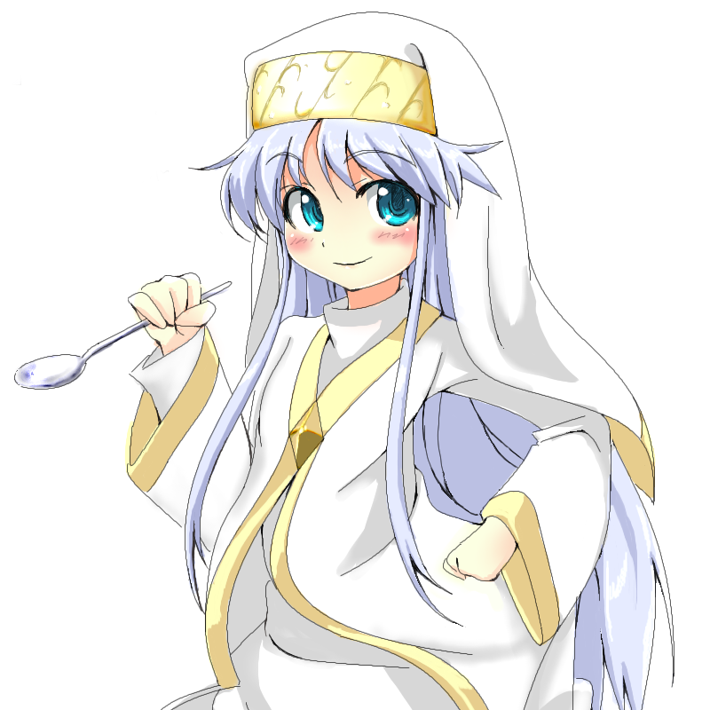 bangs blue_eyes blush eyebrows_visible_through_hair grune holding holding_spoon index long_hair looking_at_viewer nun purple_hair simple_background smile solo spoon standing to_aru_majutsu_no_index white_background white_robe